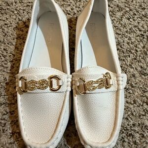 SHEIN White and Gold Flats with Chic Chain Detail
